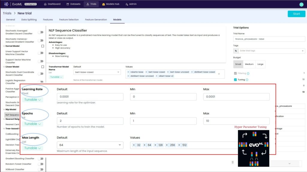 Tune model parameters (such as Learning Rates, Epochs, Max Length) in parallel using our search algorithm to get even better model performance.